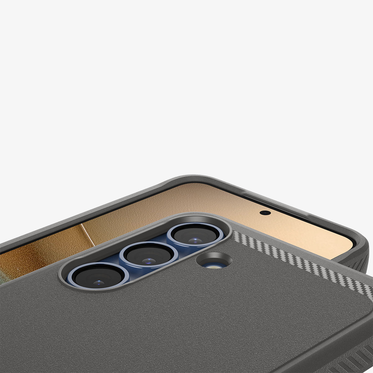 ACS08999 - Galaxy S25 Case Rugged Armor (MagFit) in Marble Gray showing the partial back, partial front with lens camera zoomed in
