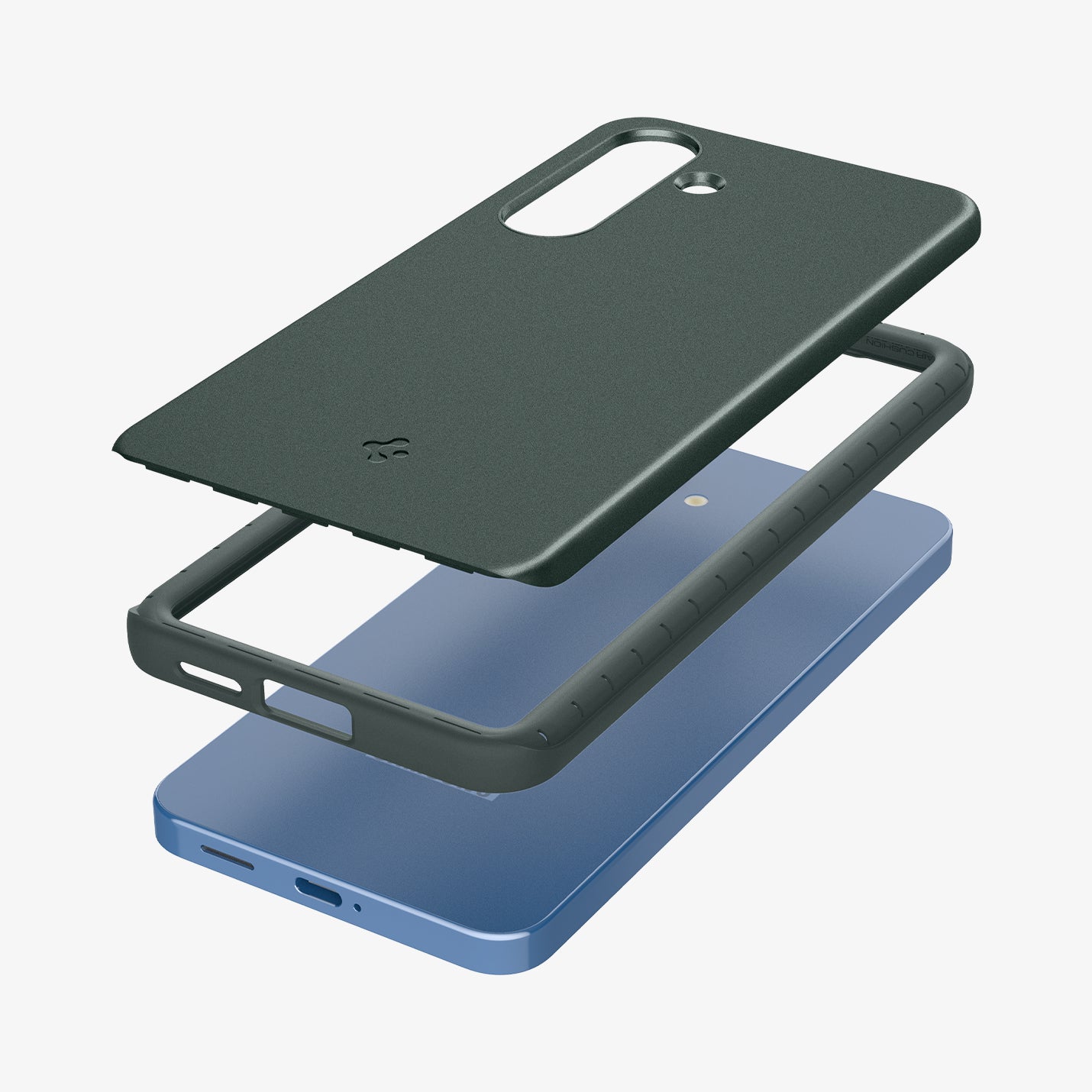 ACS08994 - Galaxy S25 Case Thin Fit (MagFit) in Abyss Green showing the detached back layer hovering above  tpu frame and device