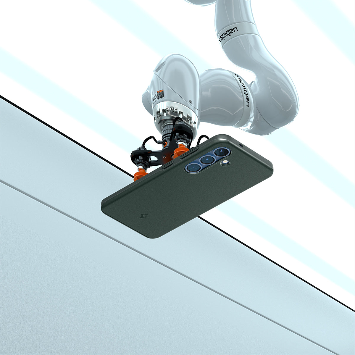 ACS08994 - Galaxy S25 Case Thin Fit (MagFit) in Abyss Green showing the back, partial side and top with robot on top