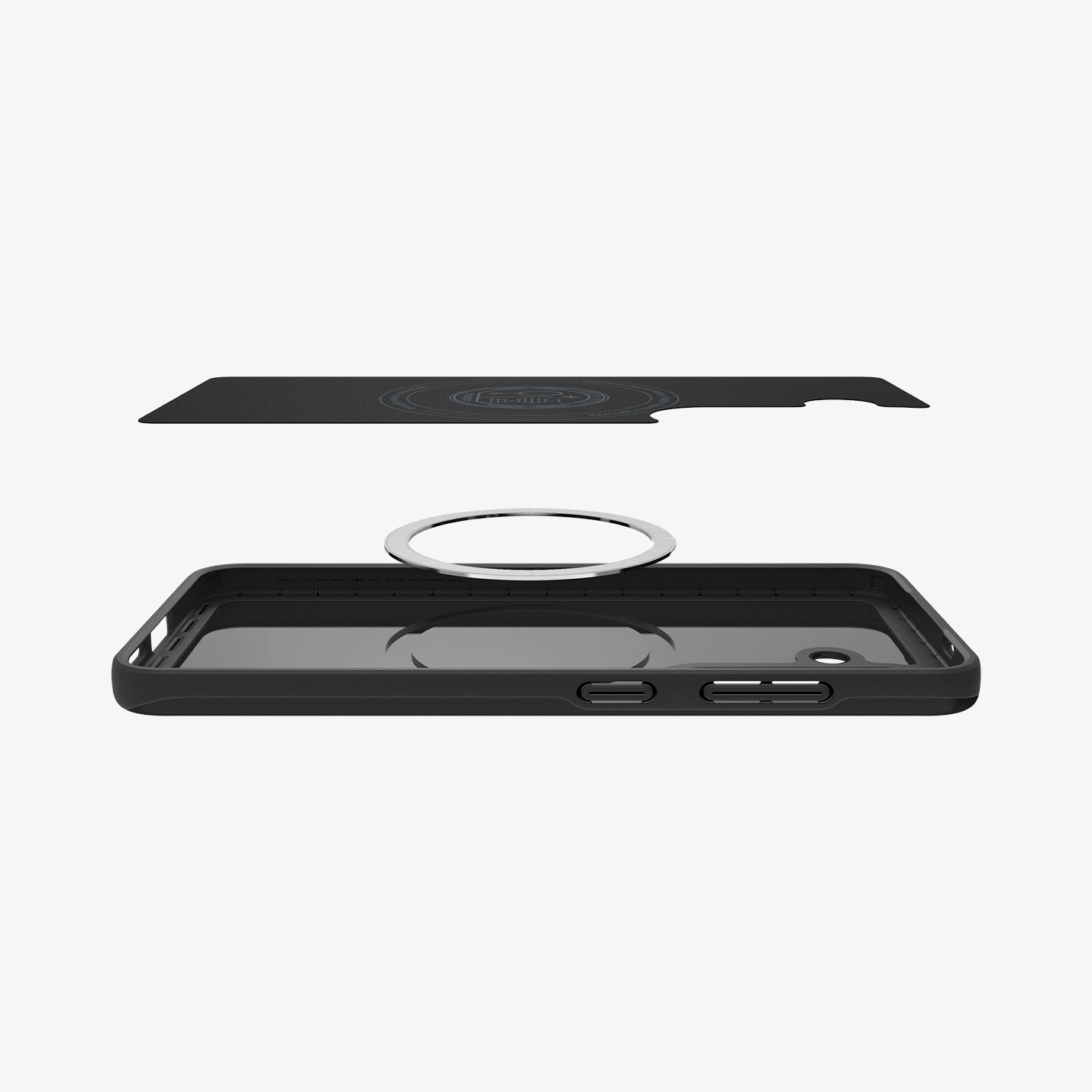 ACS08993 - Galaxy S25 Case Thin Fit (MagFit) in Black showing the detached inner layer, hovering above the magring and the case