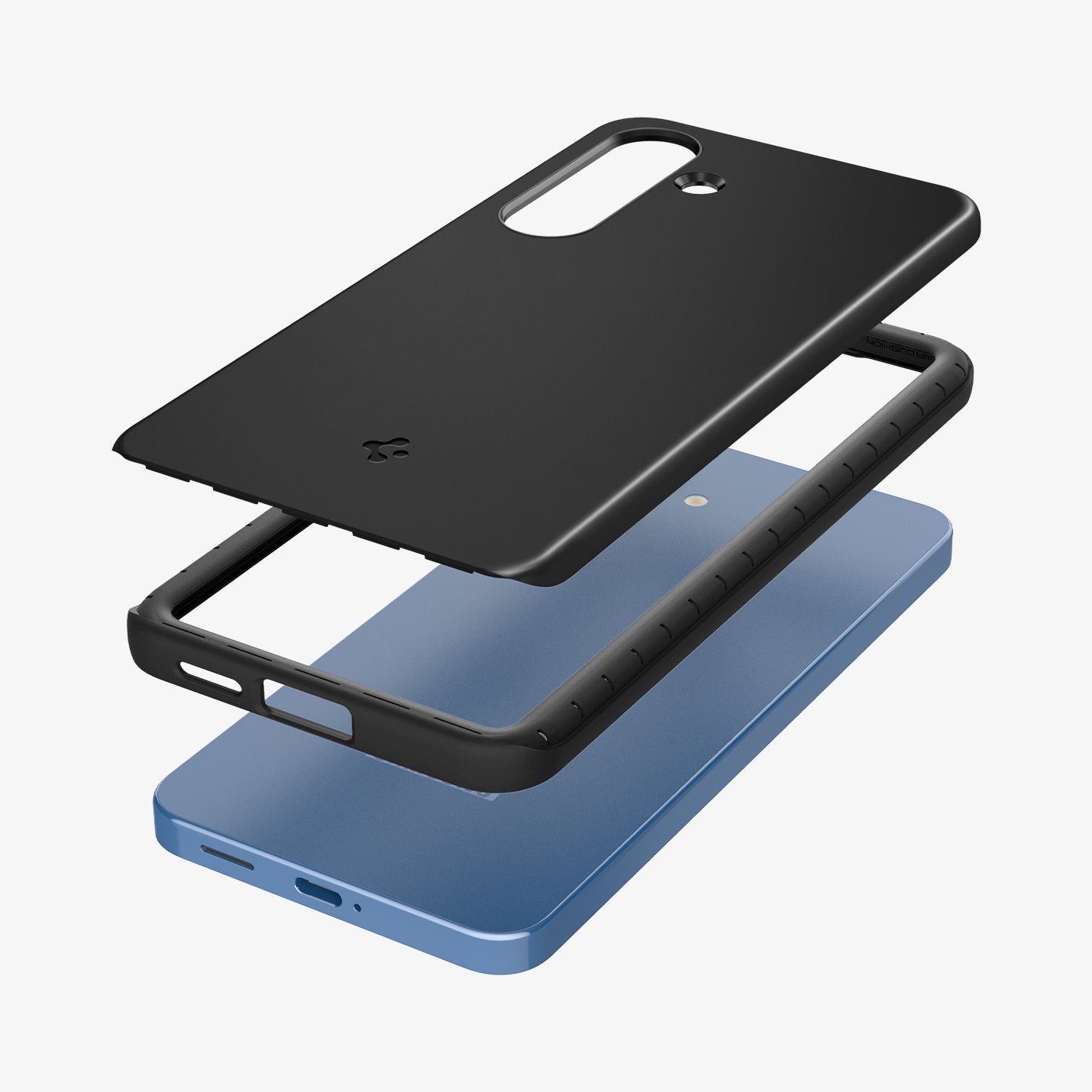 ACS08993 - Galaxy S25 Case Thin Fit (MagFit) in Black showing the detached back layer hovering above  tpu frame and the device