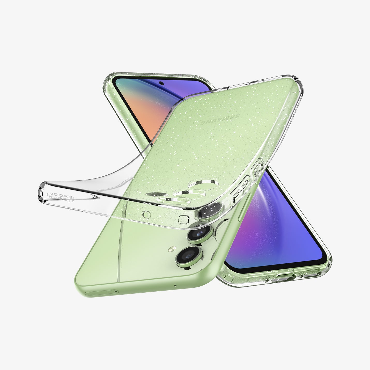 ACS05890 - Galaxy A54 5G Case Liquid Crystal Glitter in Crystal Quartz showing the the tpu soft back case partially peeled from behind, facing a device showing partial front both in opposite position