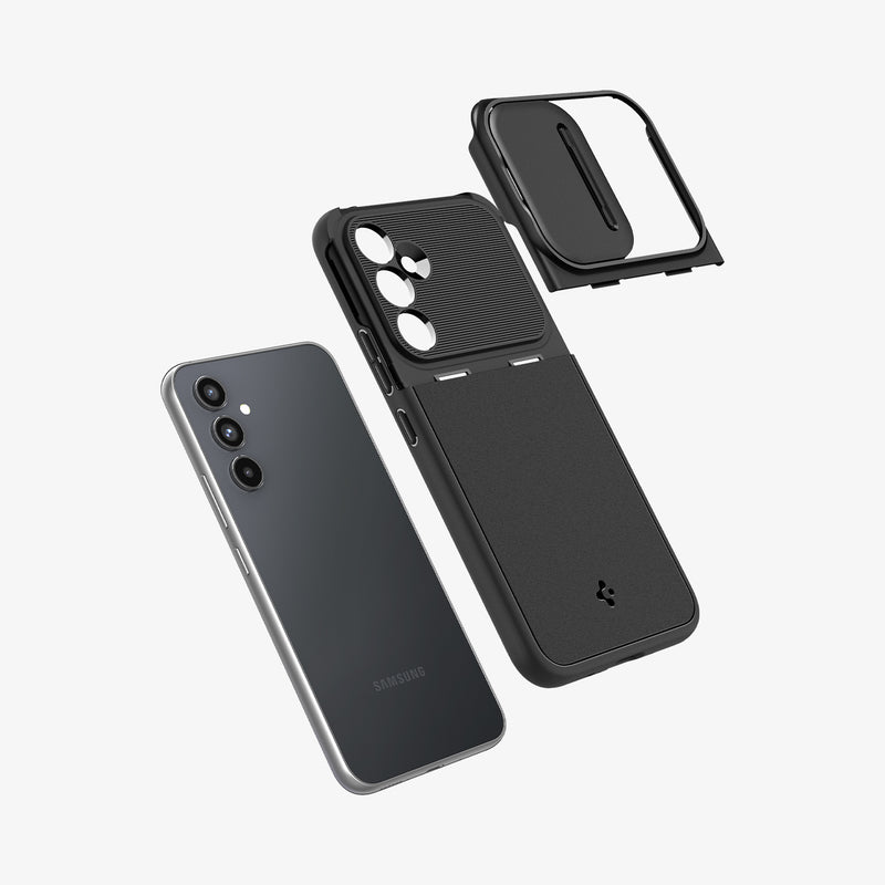 ACS05891 - Galaxy A54 5G Case Optik Armor in Black showing the camera cover/slider hovering above the detached tpu back hard cover and the device