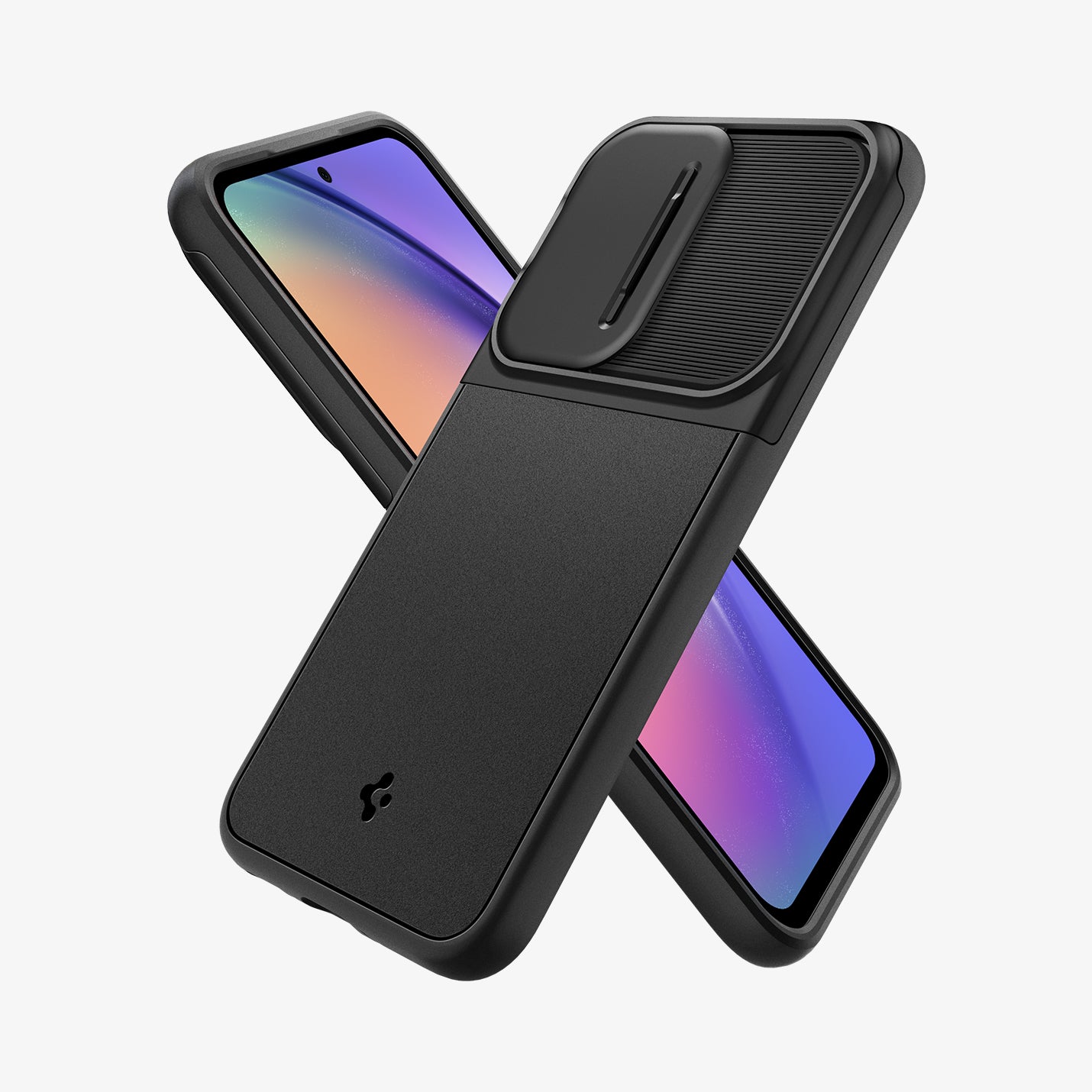 ACS05891 - Galaxy A54 5G Case Optik Armor in Black showing the back and partial side behind it, a device showing partial front and partial side camera slider closed
