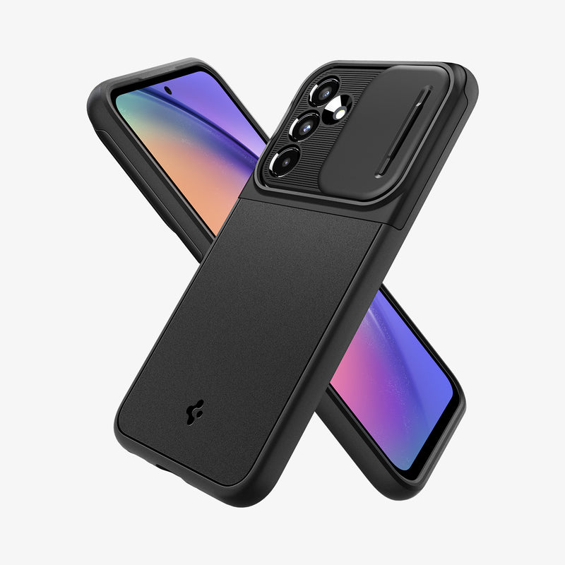 ACS05891 - Galaxy A54 5G Case Optik Armor in Black showing the back and partial side behind it, a device showing partial front and partial side camera slider opened