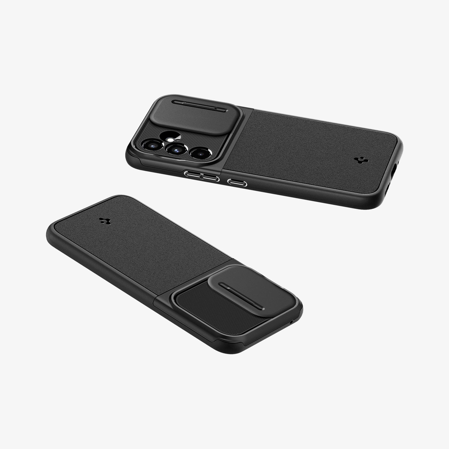 ACS05891 - Galaxy A54 5G Case Optik Armor in Black showing the backs, sides, partial top and bottom of both devices opened and closed camera cover slider of both devices on a flat surface