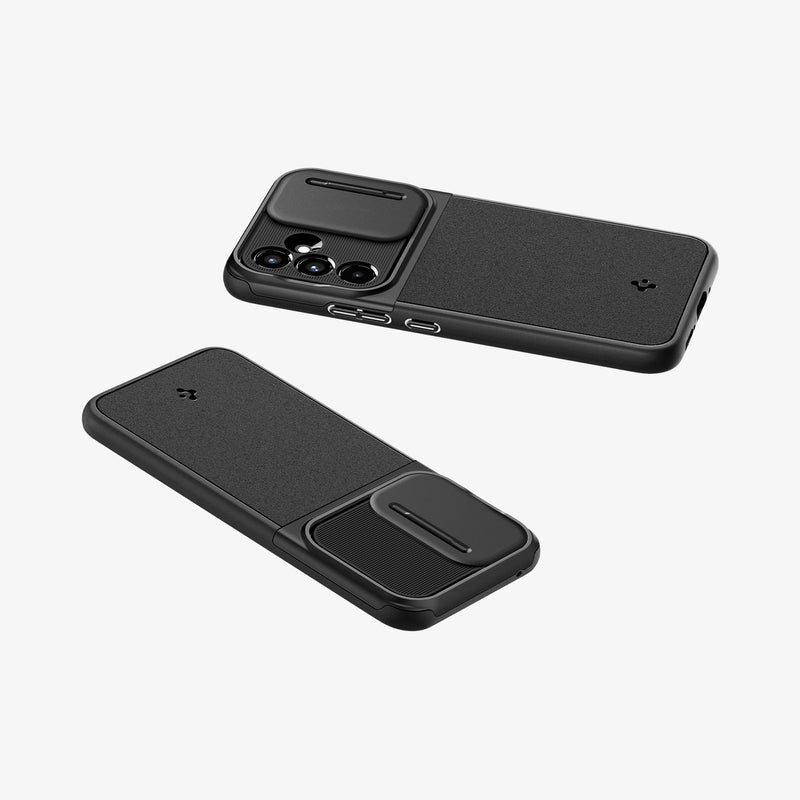 ACS05891 - Galaxy A54 5G Case Optik Armor in Black showing the backs, sides, partial top and bottom of both devices opened and closed camera cover slider of both devices on a flat surface