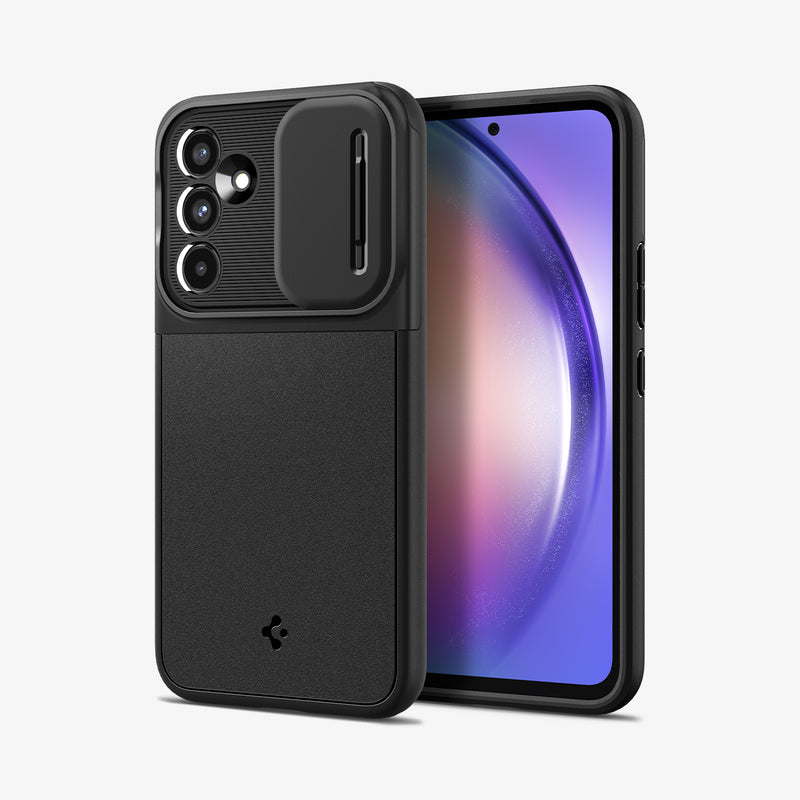 ACS05891 - Galaxy A54 5G Case Optik Armor in Black showing the back next to it a device showing front camera slider opened