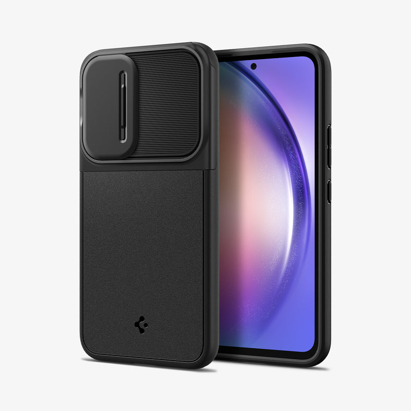 ACS05891 - Galaxy A54 5G Case Optik Armor in Black showing the back next to it a device showing front camera slider closed