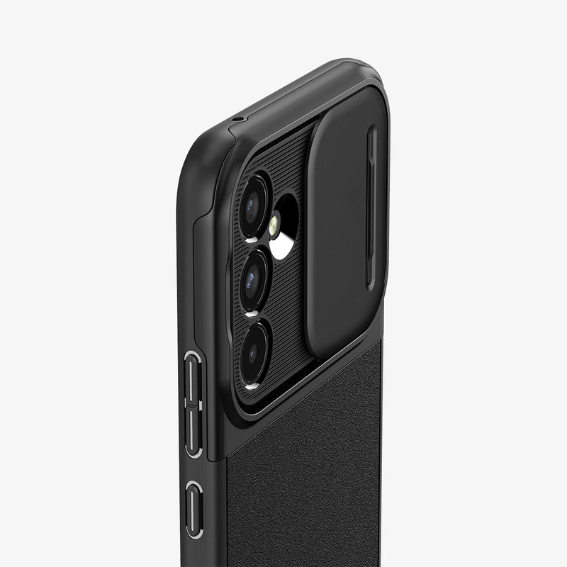 ACS05891 - Galaxy A54 5G Case Optik Armor in Black showing the back, camera slider opened, showing half of the device zoomed in