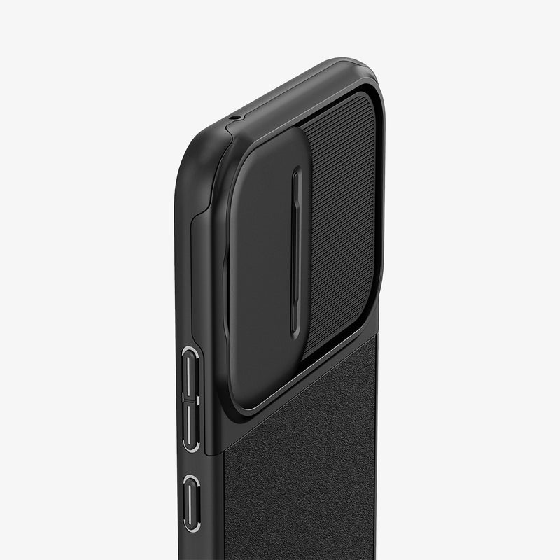 ACS05891 - Galaxy A54 5G Case Optik Armor in Black showing the back, camera slider closed, showing half of the device zoomed in