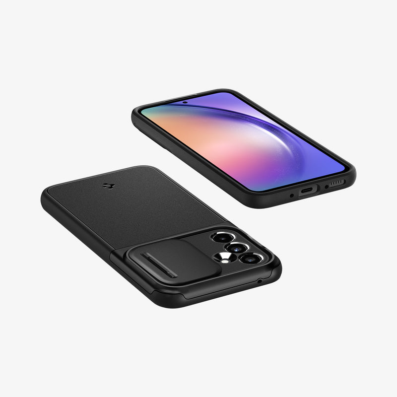 ACS05891 - Galaxy A54 5G Case Optik Armor in Black showing the front partial side and bottom next to it a device showing back, partial side and top camera slider opened both on a flat surface
