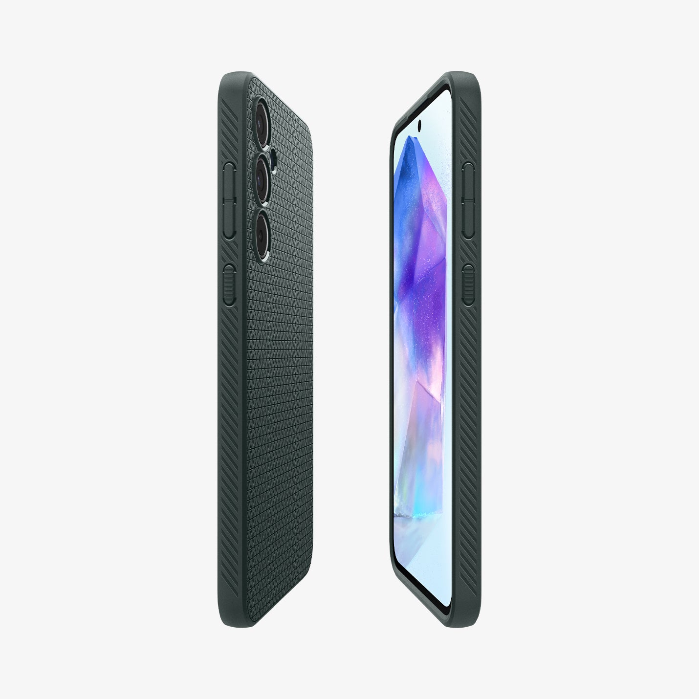 ACS07527 - Galaxy A55 5G Case Liquid Air in Abyss Green showing the partial back, front and sides of both devices facing each other