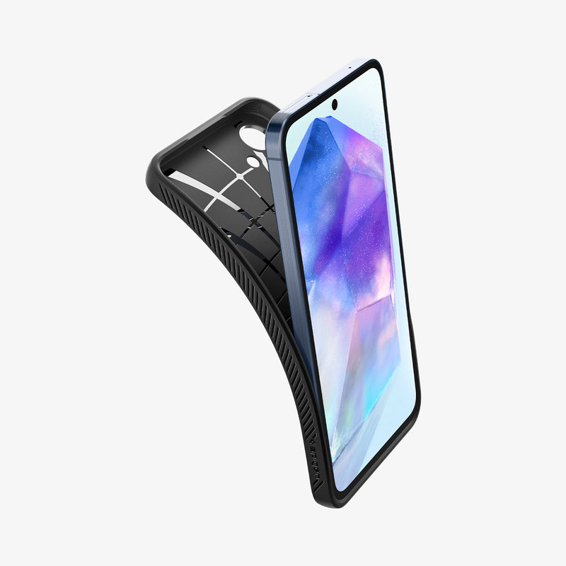 ACS07526 - Galaxy A55 5G Case Liquid Air in Matte Black showing the front of the device with back case partially peeled off