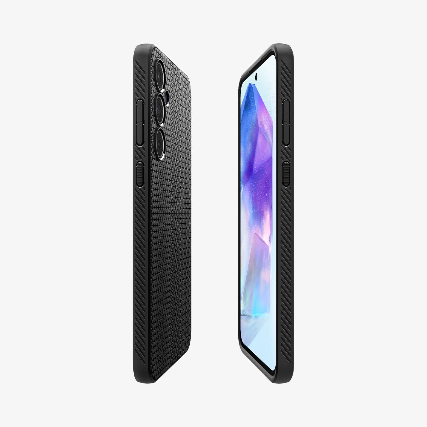 ACS07526 - Galaxy A55 5G Case Liquid Air in Matte Black showing the partial back and front and sides of both devices facing each other