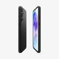 ACS07526 - Galaxy A55 5G Case Liquid Air in Matte Black showing the partial back, front and sides of both devices facing each other