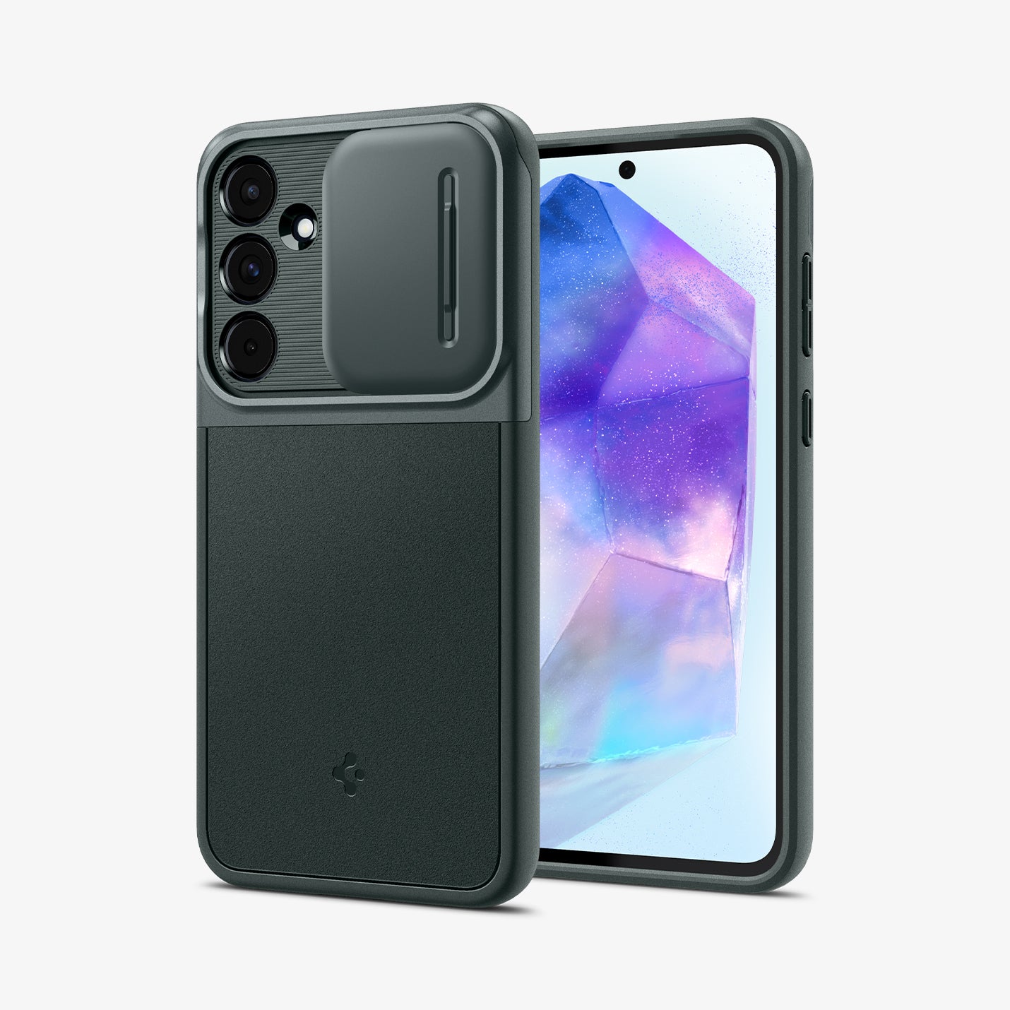 ACS07536 - Galaxy A55 5G Case Optik Armor in Abyss Green showing the back, partial front and sides