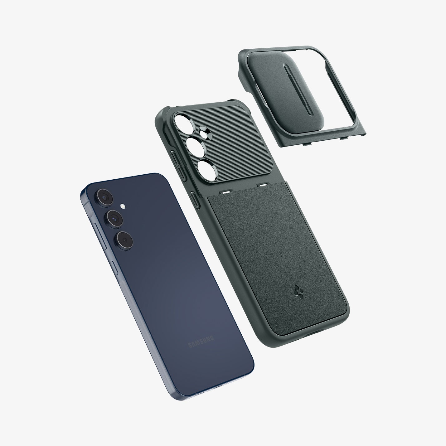 ACS07536 - Galaxy A55 5G Case Optik Armor in Abyss Green showing the back of the camera slider hovering above detached from the back case and the device