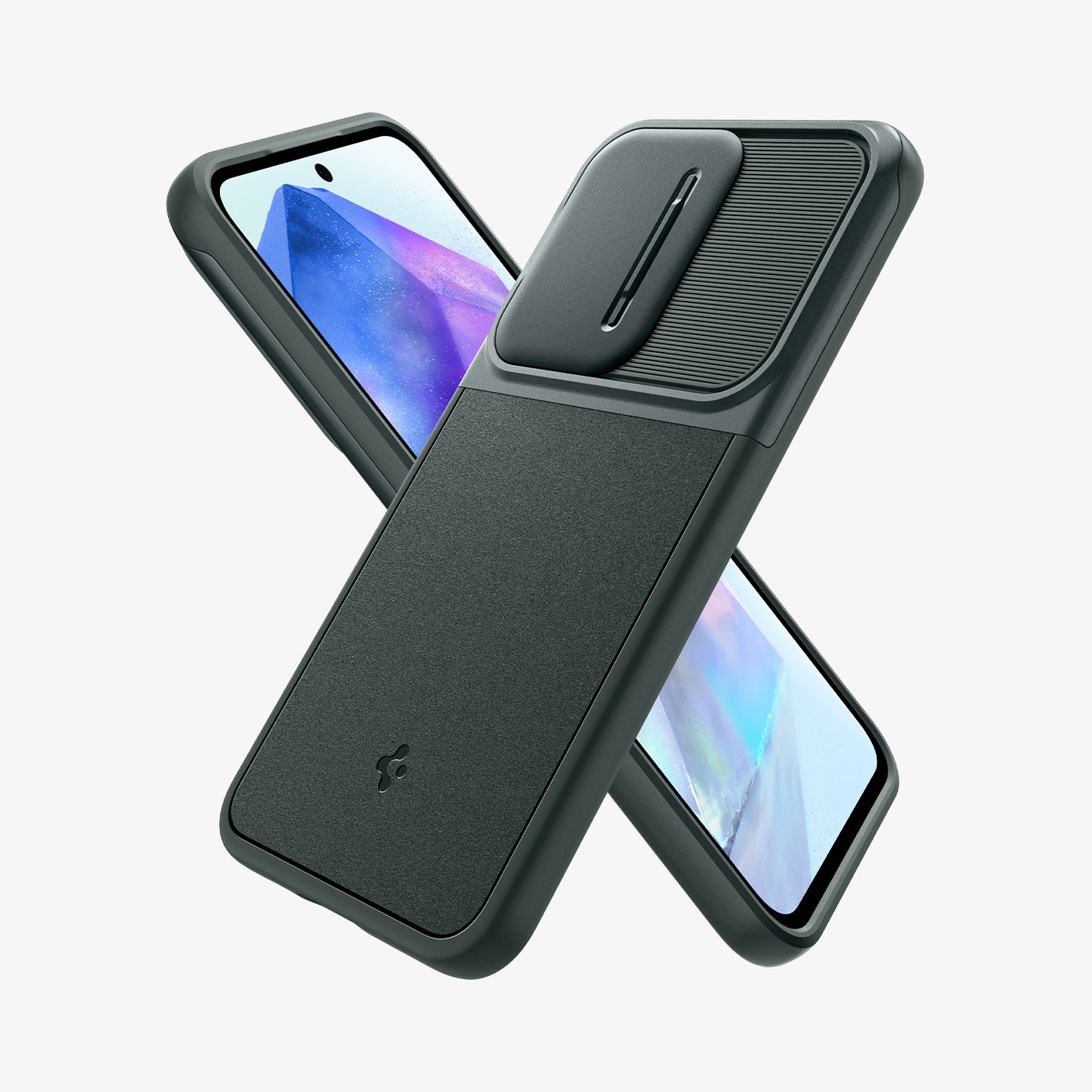 ACS07536 - Galaxy A55 5G Case Optik Armor in Abyss Green showing the back, partial side and behind it, a device showing partial front and side