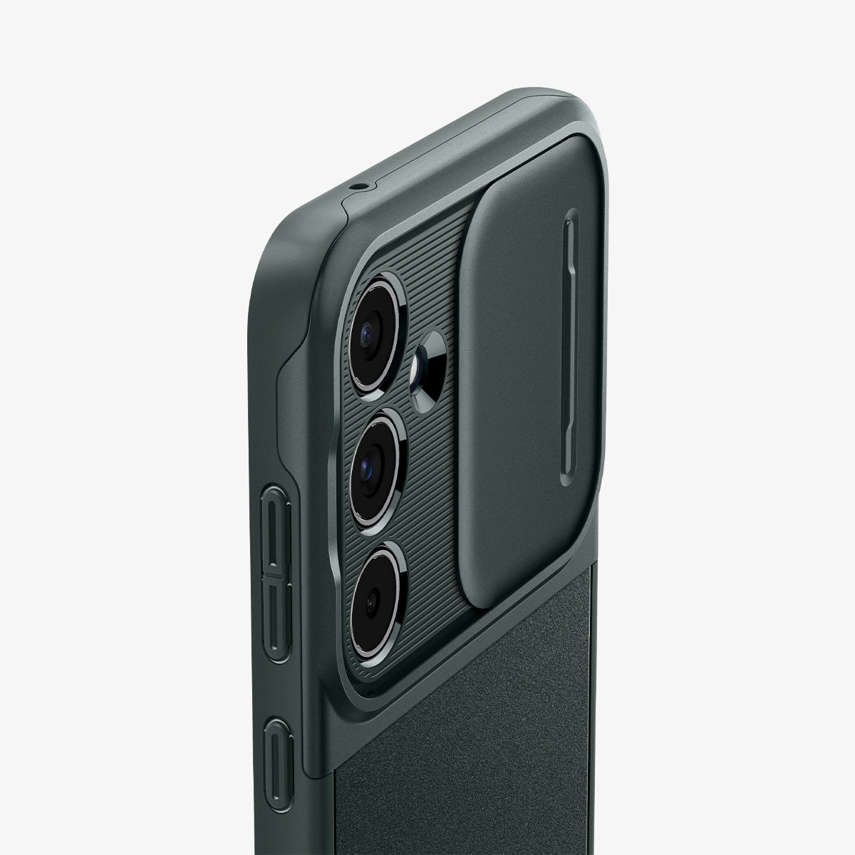 ACS07536 - Galaxy A55 5G Case Optik Armor in Abyss Green showing the back and partial side camera slider open and zoomed in
