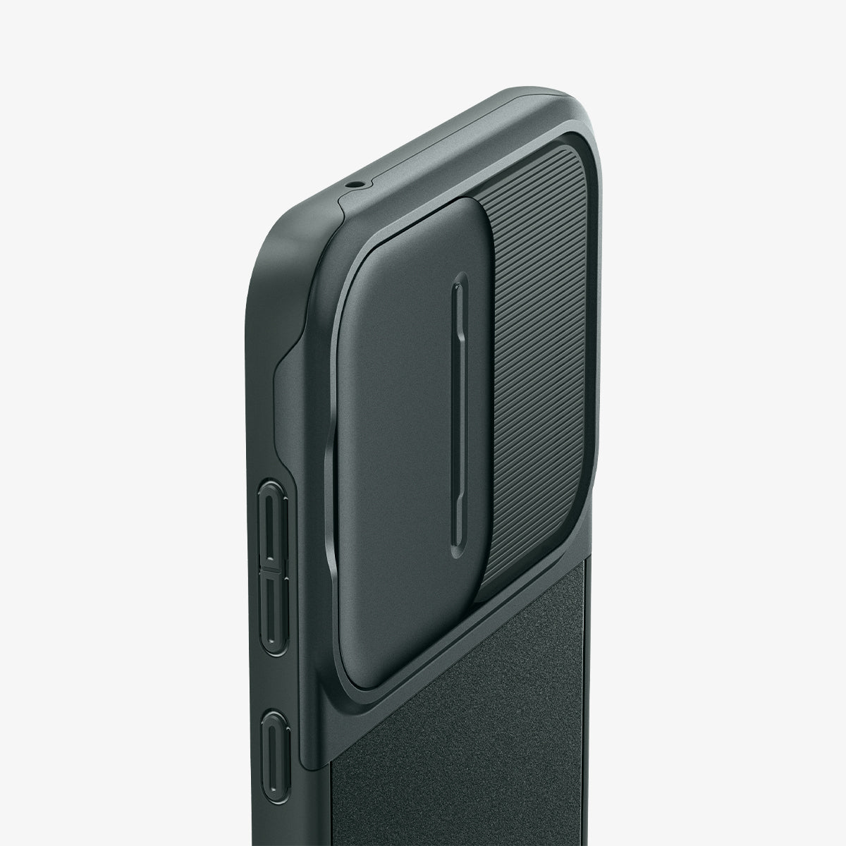 ACS07536 - Galaxy A55 5G Case Optik Armor in Abyss Green showing the back and partial side camera slider closed and zoomed in