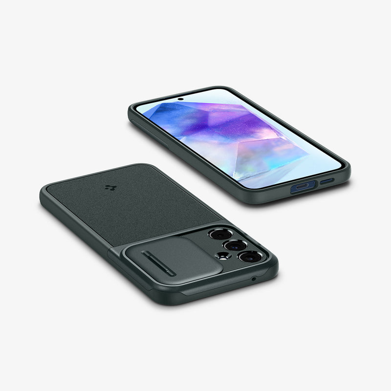 ACS07536 - Galaxy A55 5G Case Optik Armor in Abyss Green showing the back, partial side and top and front, partial side and bottom of both devices on a flat surface