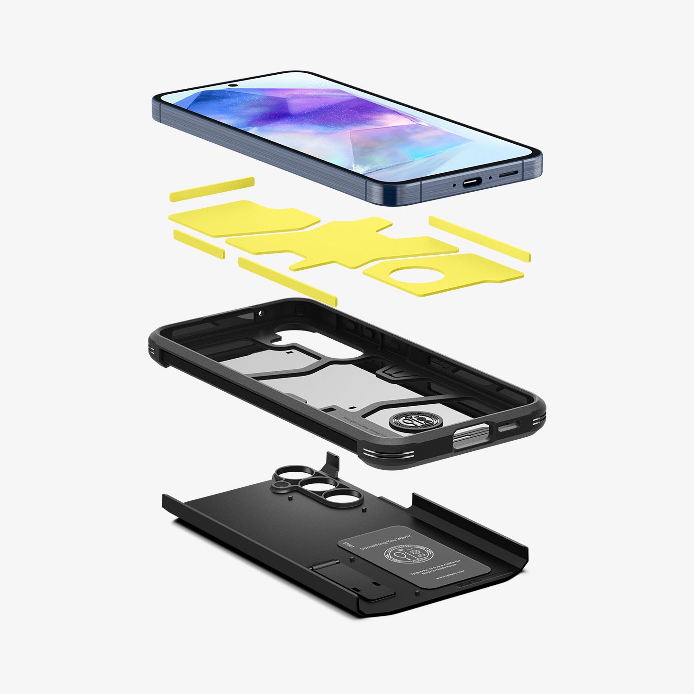 ACS07530 - Galaxy A55 5G Case Tough Armor in Black showing the device hovering above the impact foam detached from the tpu frame and hard back layer case