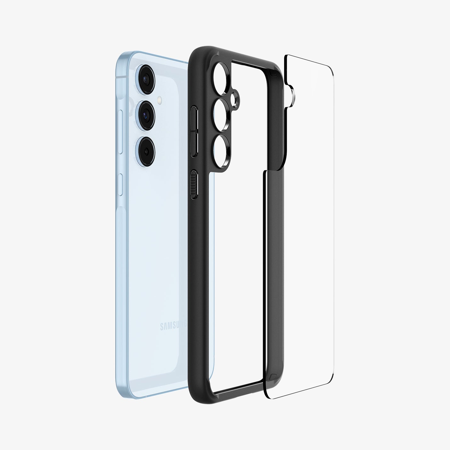 ACS07529 - Galaxy A55 5G Case Ultra Hybrid in Matte Black showing the back clear layer of the case detached from the darker tpu frame aligned with the device