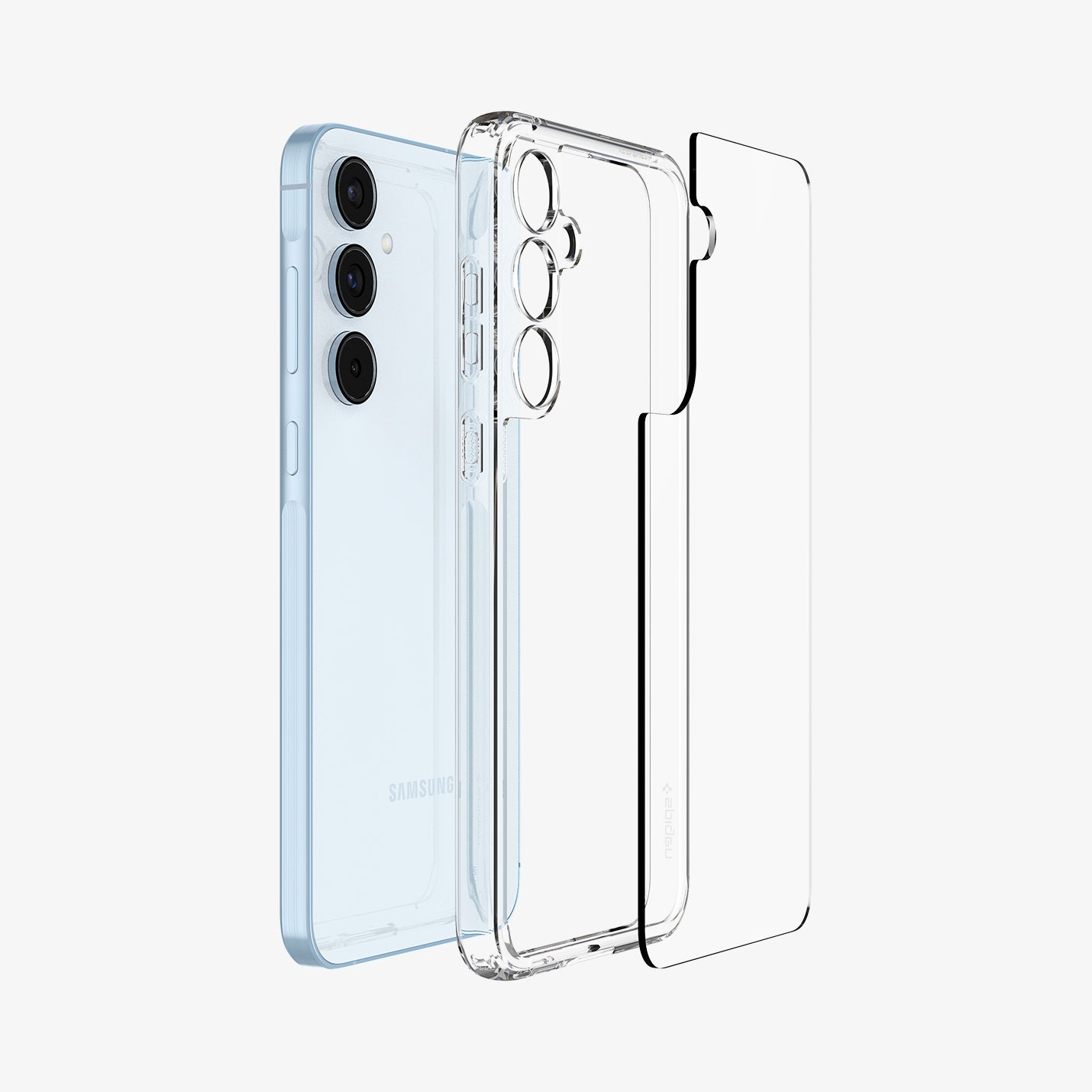 ACS07528 - Galaxy A55 5G Case Ultra Hybrid in Crystal Clear showing the back layer case detached from the tpu frame and the device aligned with each other