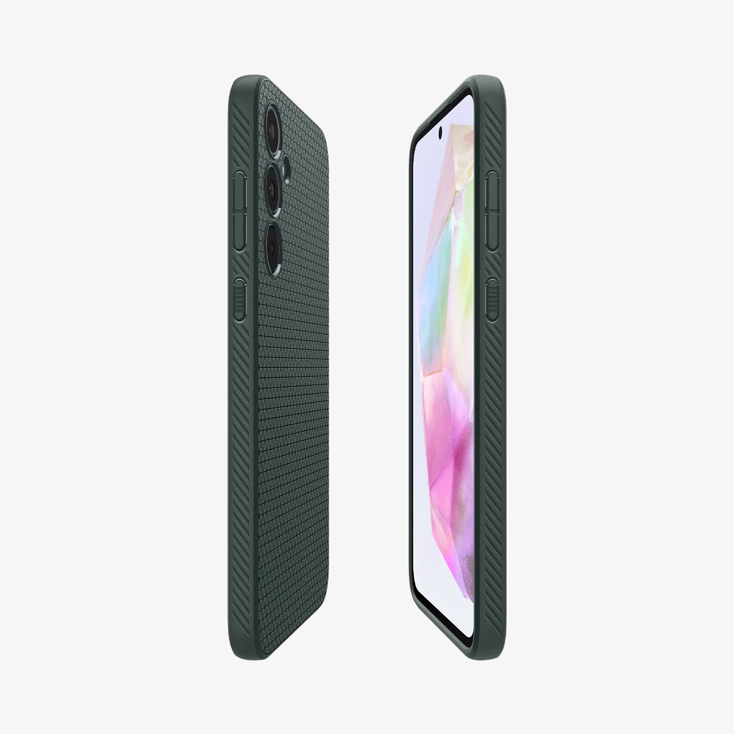 ACS07520 - Galaxy A35 5G Case Liquid Air in Abyss Green showing the partial back, front and sides of both devices facing each other