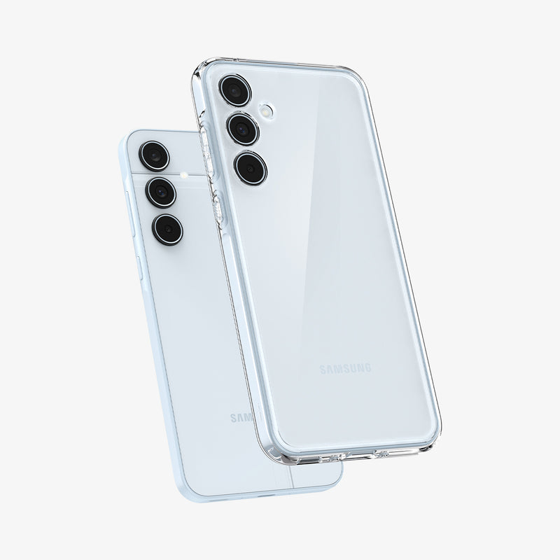 ACS07523 - Galaxy A35 5G Case Ultra Hybrid in Crystal Clear showing the back, partial side hovering in front of a device showing back