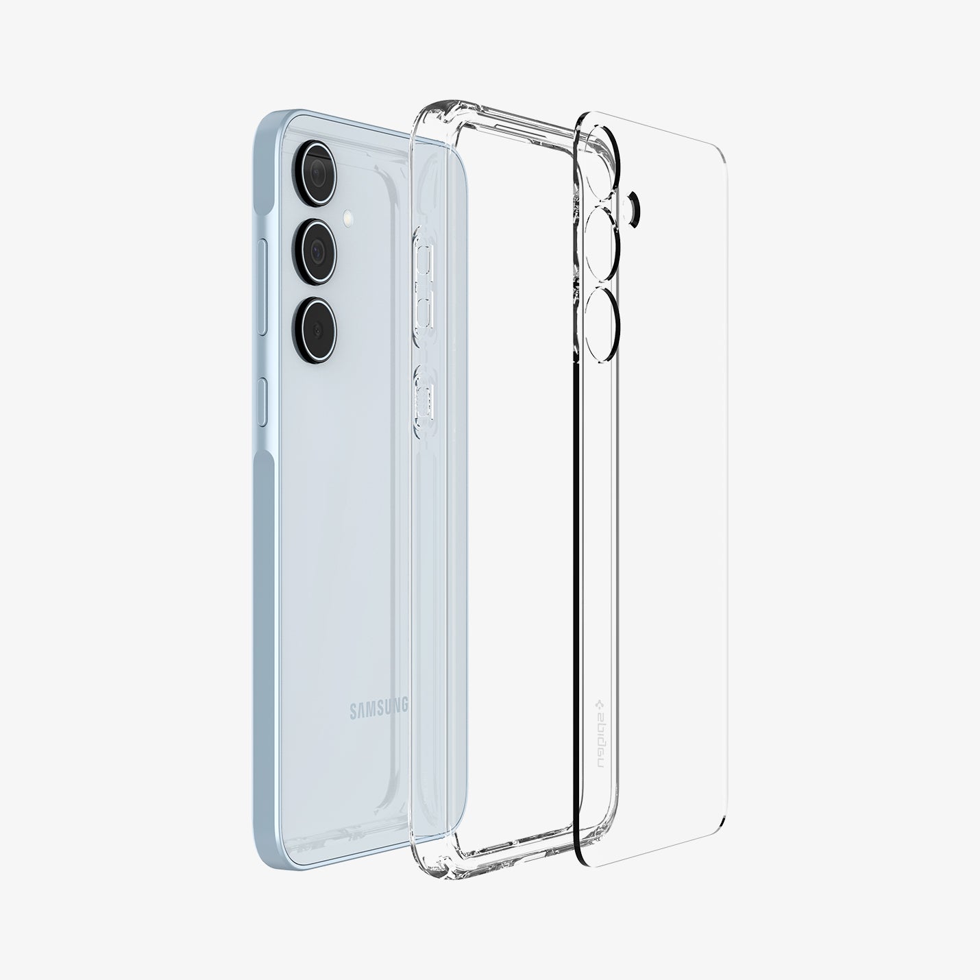 ACS07523 - Galaxy A35 5G Case Ultra Hybrid in Crystal Clear showing the clear back layer of the case detached from tpu frame and a device aligned with each other