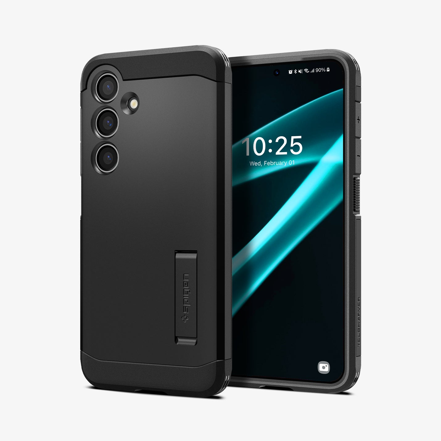 ACS07332 - Galaxy S24 Plus Case Tough Armor in Black showing the back, partial side, next to it, a device showing front and partial side