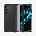 ACS07331 - Galaxy S24 Plus Case Ultra Hybrid in Frost Black showing the back paralleled to a clear back with a darker frame case in the middle and a device facing front