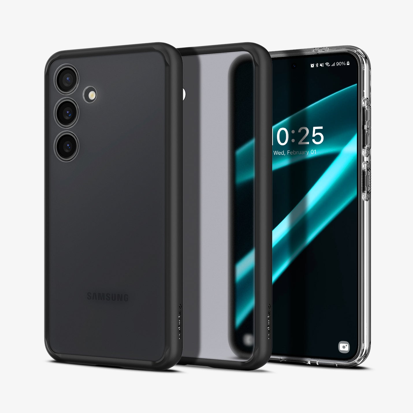 ACS07331 - Galaxy S24 Plus Case Ultra Hybrid in Frost Black showing the back paralleled to a clear back with a darker frame case in the middle and a device facing front