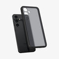 ACS07331 - Galaxy S24 Plus Case Ultra Hybrid in Frost Black showing the back of a semi transparent case with a darker frame hovering above the device