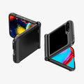 ACS08354 - Galaxy Z Flip 7 FE Case Slim Armor Pro in Black showing the partial back, front, and sides half folded