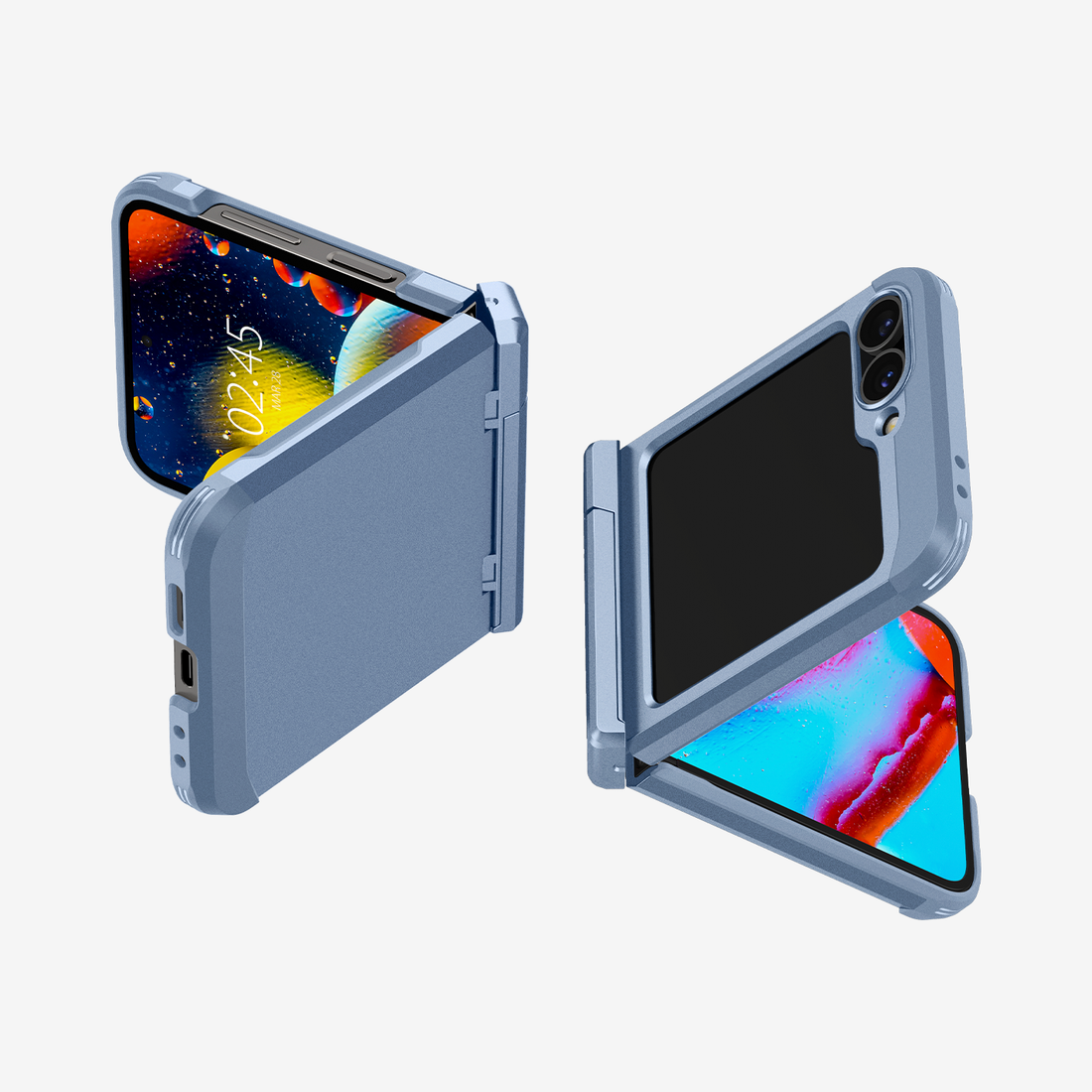 ACS08361 - Galaxy Z Flip 7 FE Case Tough Armor Pro in Sierra Blue showing the back, partial front of two devices partially folded