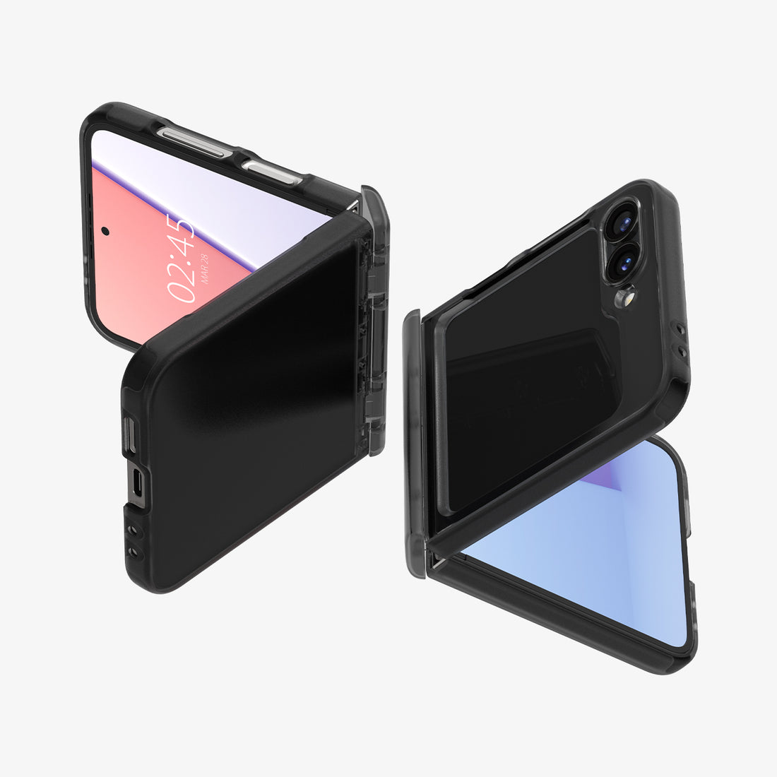 ACS07835 - Galaxy Z Flip 7 FE Case Ultra Hybrid Pro in Frost Gray showing the back, partial front of two devices partially folded