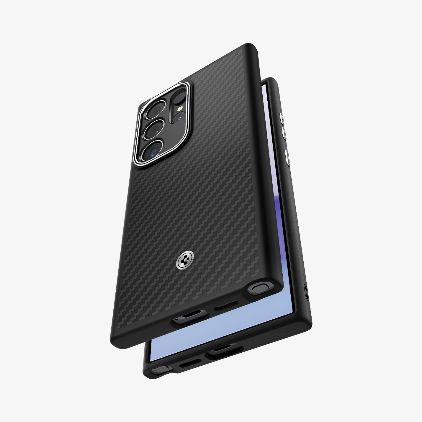 ACS07289 - Galaxy S24 Ultra Case Enzo Aramid in Matte Black showing the back partial bottom hovering in front of a device showing partial front, side and bottom