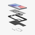ACS07289  - Galaxy S24 Ultra Case Enzo Aramid in Matte Black showing the front of device hovering above the 4 detached parts of a case