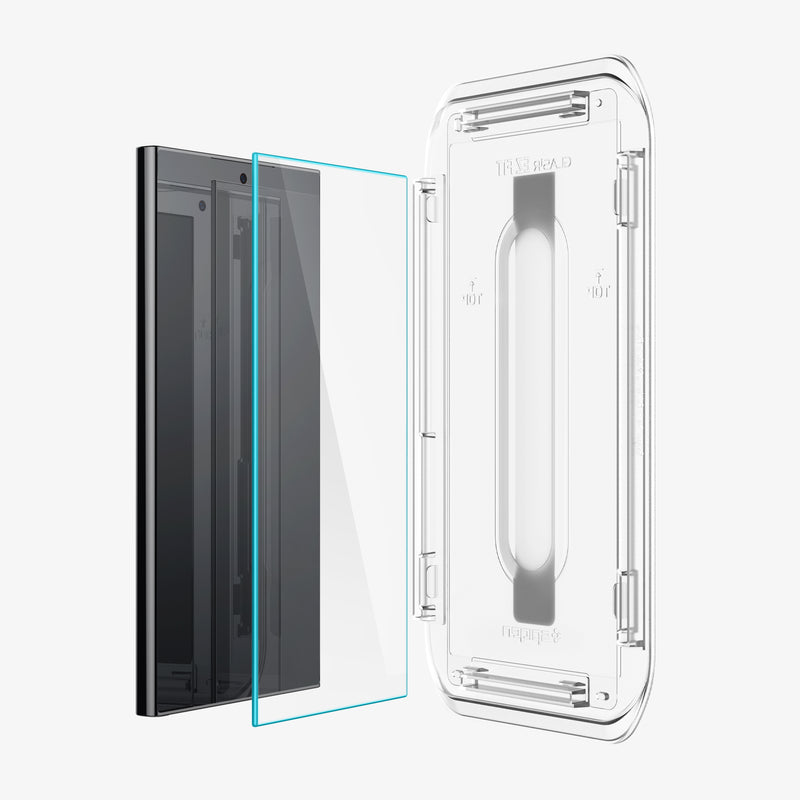 AGL07493 - Galaxy S24 Ultra GLAS.tR EZ Fit in Transparency showing the alignment tray facing the screen glass protector paralleled with the device
