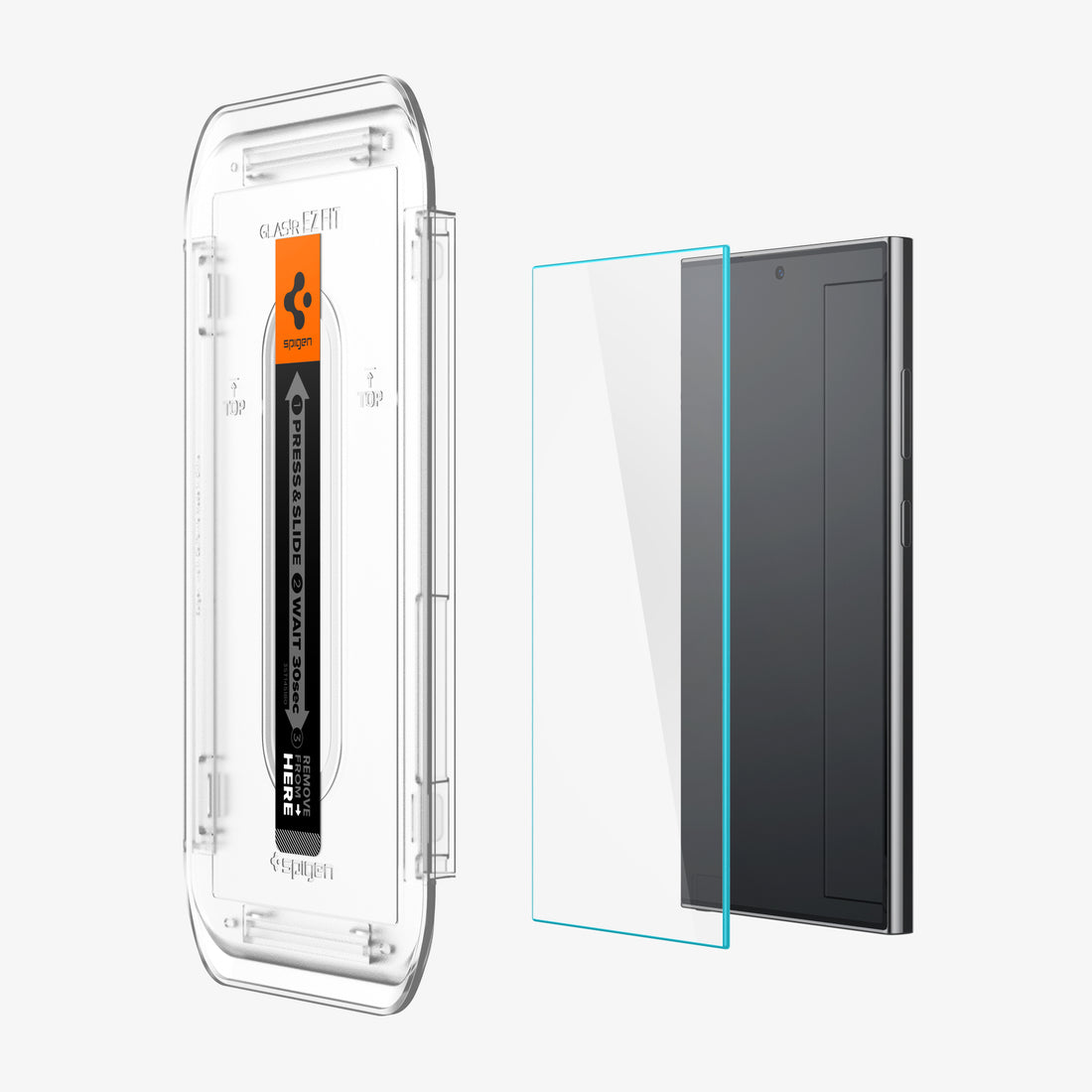 AGL08729 - Galaxy S24 FE GLAS.tR EZ Fit in Clear showing the alignment tray hovering above the 2 glass screen protector and a device, beside is a packaging