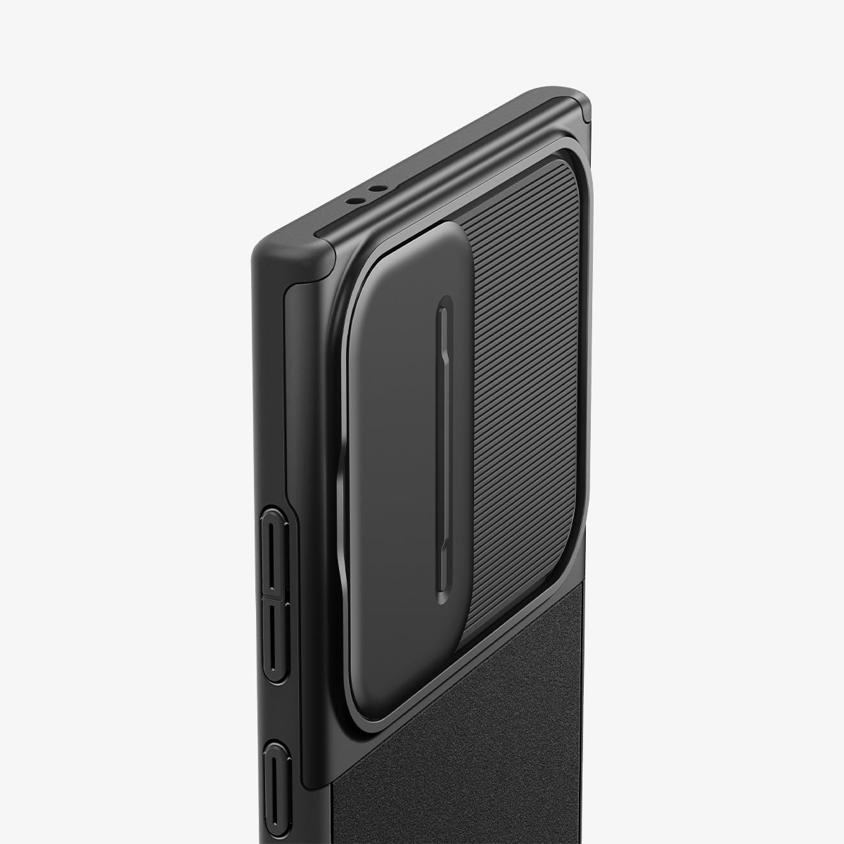 ACS07313 - Galaxy S24 Ultra Case Optik Armor in Black showing the back, partial side and top, half bodied, camera cover zoomed in