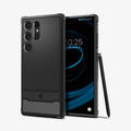 ACS07286 - Galaxy S24 Ultra Case Rugged Armor in Matte Black showing the back and next to it, a device facing front with stylus pen leaning on the side