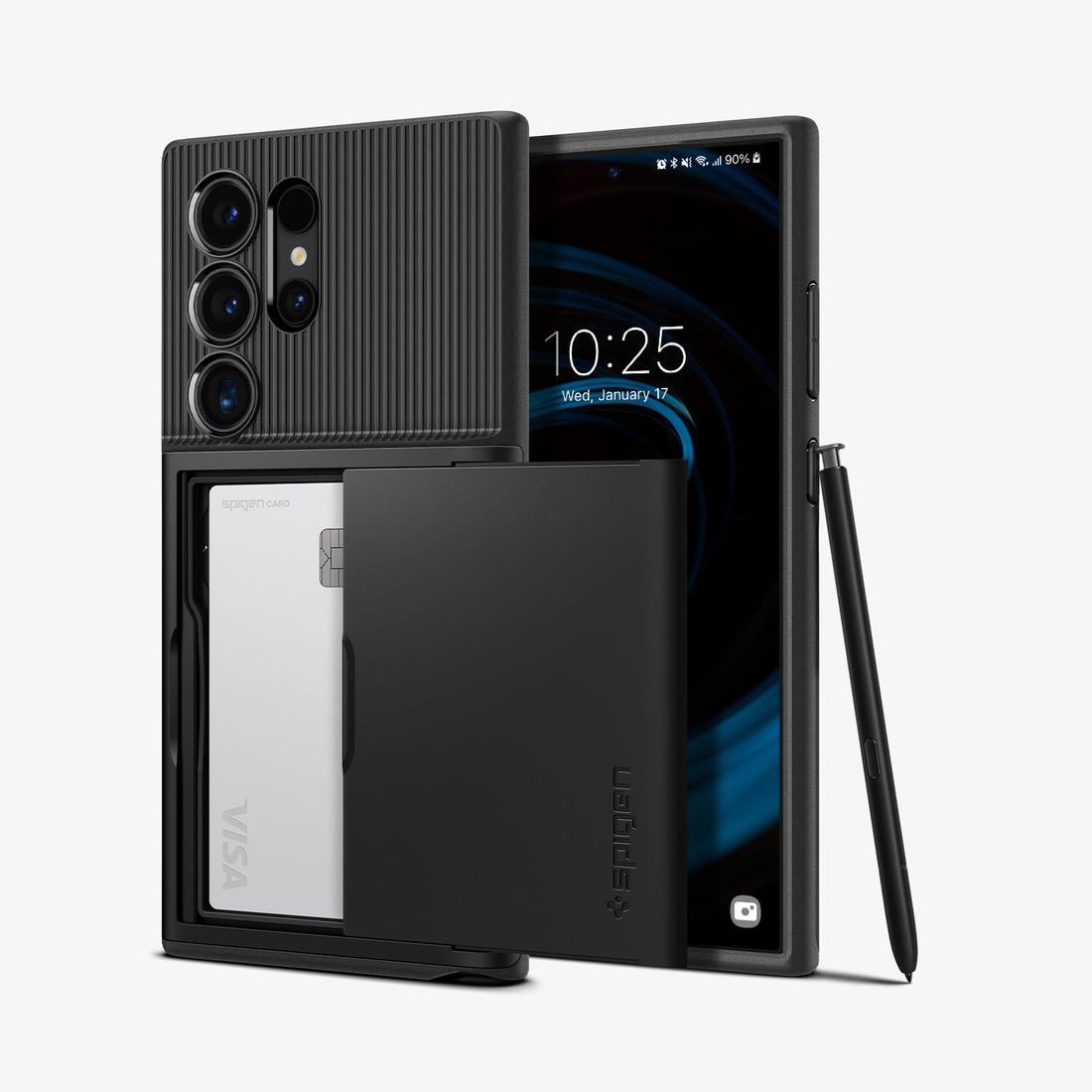 ACS07306 - Galaxy S24 Ultra Case Slim Armor CS in Black showing the back, card slider out with card inside