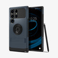 ACS07188 - Galaxy S24 Ultra Case Slim Armor (MagFit) in Metal Slate showing the back and next to it, a device facing front with stylus pen leaning on the side