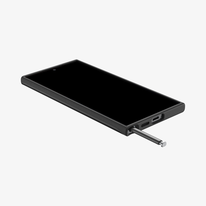 ACS07281 - Galaxy S24 Ultra Case Thin Fit in Black showing the front of device, on a flat surface with stylus pen sticking out