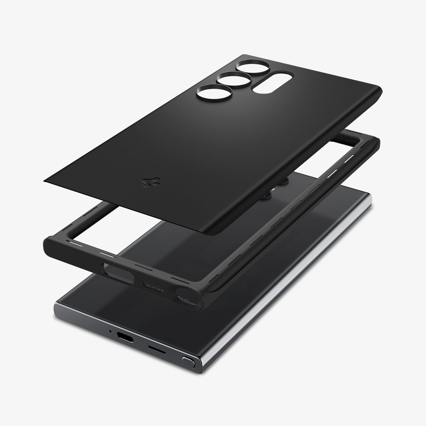 ACS07281 - Galaxy S24 Ultra Case Thin Fit in Black showing the back hard layer hovering above the detached frame and the device