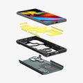 ACS07302 - Galaxy S24 Ultra Case Tough Armor in Abyss Green showing the front of device hovering above the impact foam detached from frame and hard layer of the case